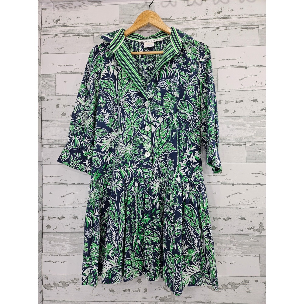 Gretchen Scott Navy Green Floral Cotton Button Front Shirt Dress Womens Medium